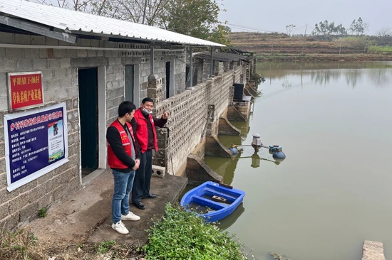 为了保证养殖户鱼群安全越冬，乡村科技特派员严子斌邀请横州市水产畜牧兽医站的专家到基地进行指导。